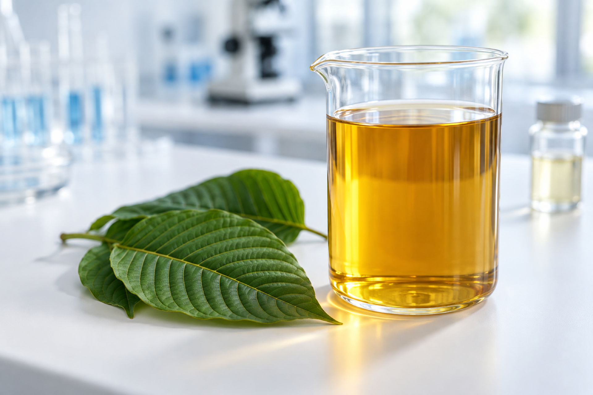 TIBD-Services-38 Plant leaves and an amber extract in a beaker in the laboratory