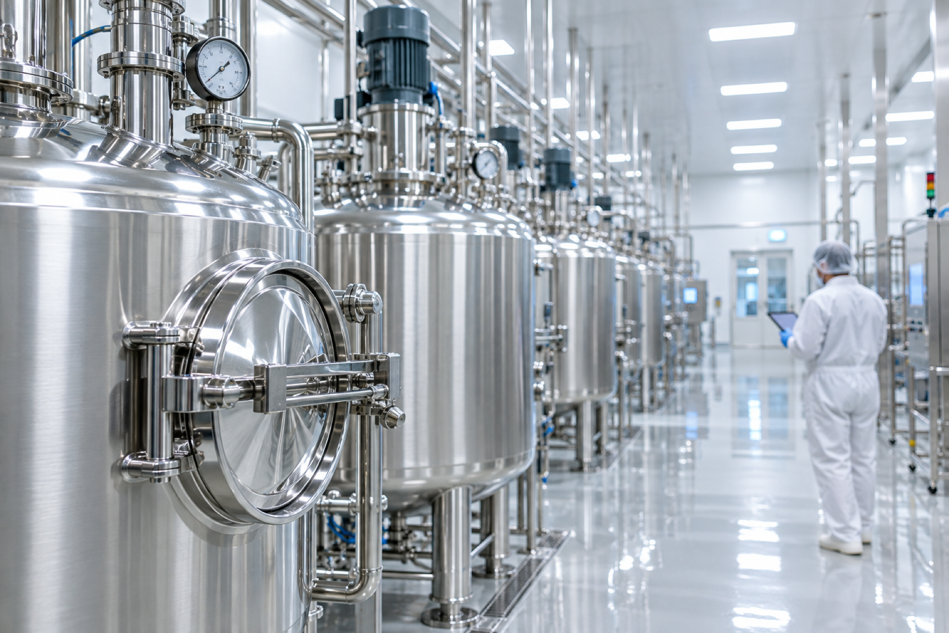 TIBD-Services-40 Stainless steel tanks on a factory production line