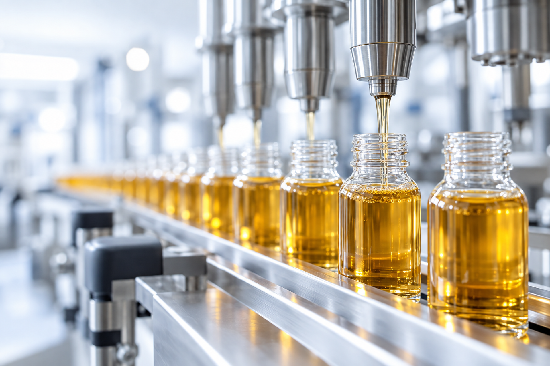 TIBD-Services-41 Production line filling oil into glass bottles