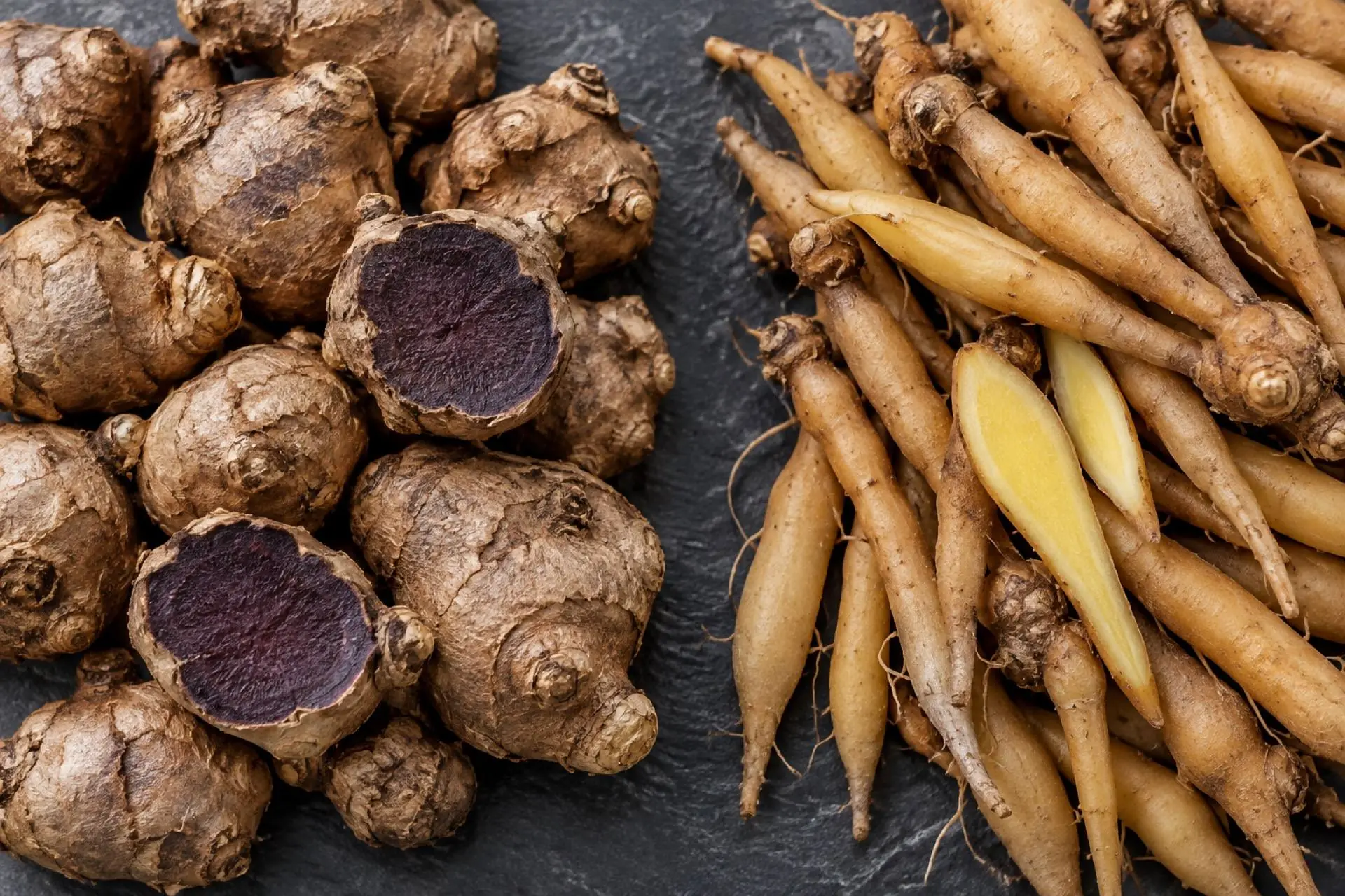 เปรียบเทียบเหง้ากระชายดำ (Black Ginger) เนื้อในสีม่วงเข้ม กับกระชายเหลือง (Fingerroot) เนื้อในสีเหลือง