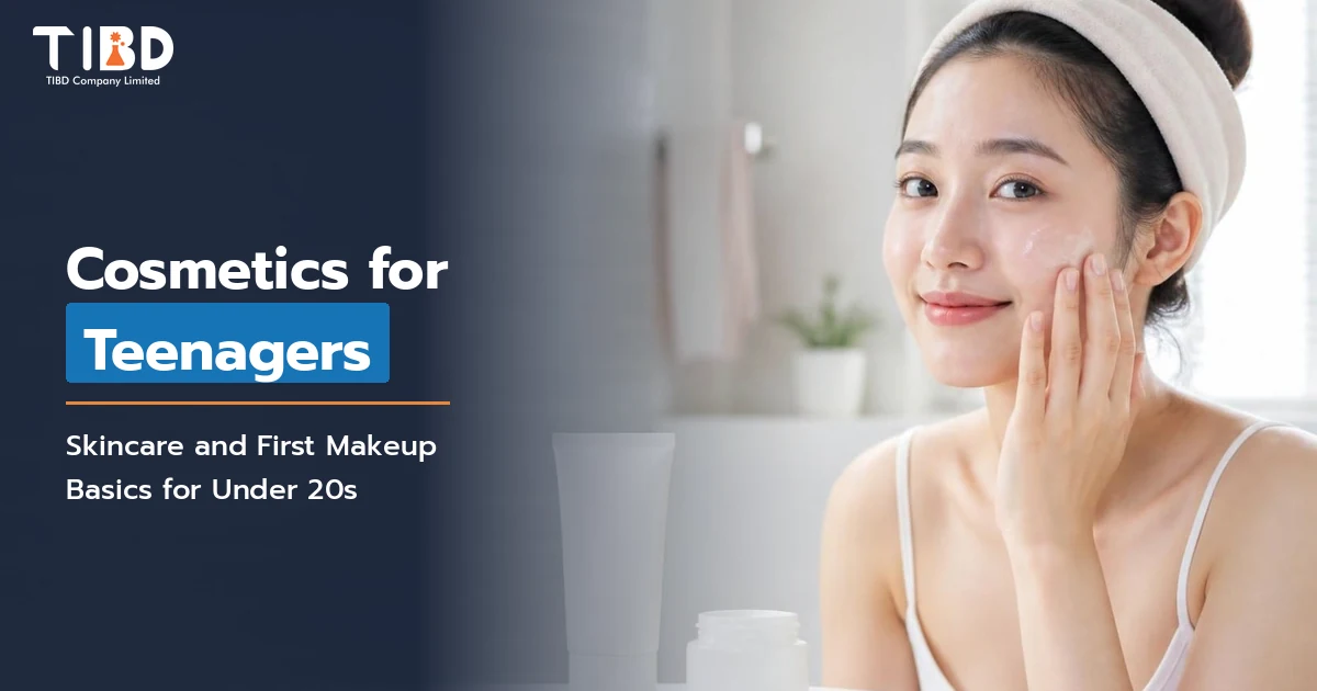 Young woman applying moisturizer to her cheek in a bright bathroom with a cleanser and cream jar, with the headline Cosmetics for Teenagers: skincare and first makeup basics for under 20s