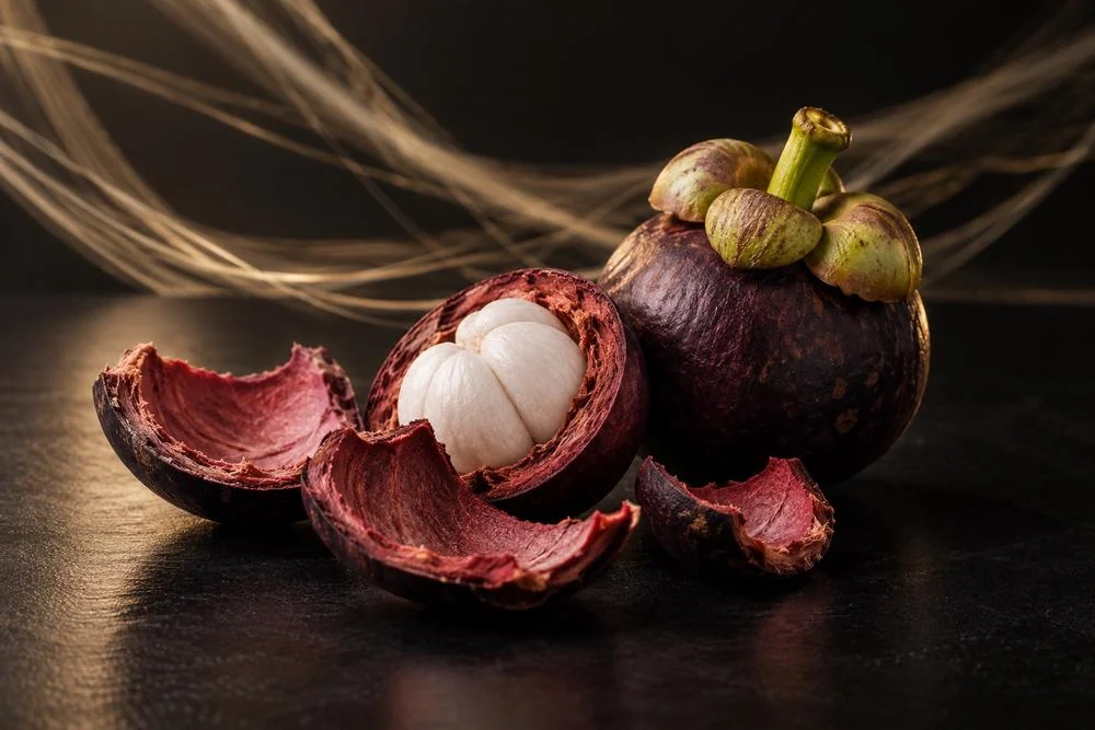 AI plant-source concept image: xanthones from mangosteen pericarp, not an extract sample