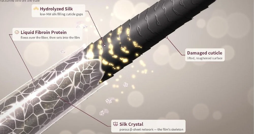 Illustration of three silk layers on a damaged hair fiber