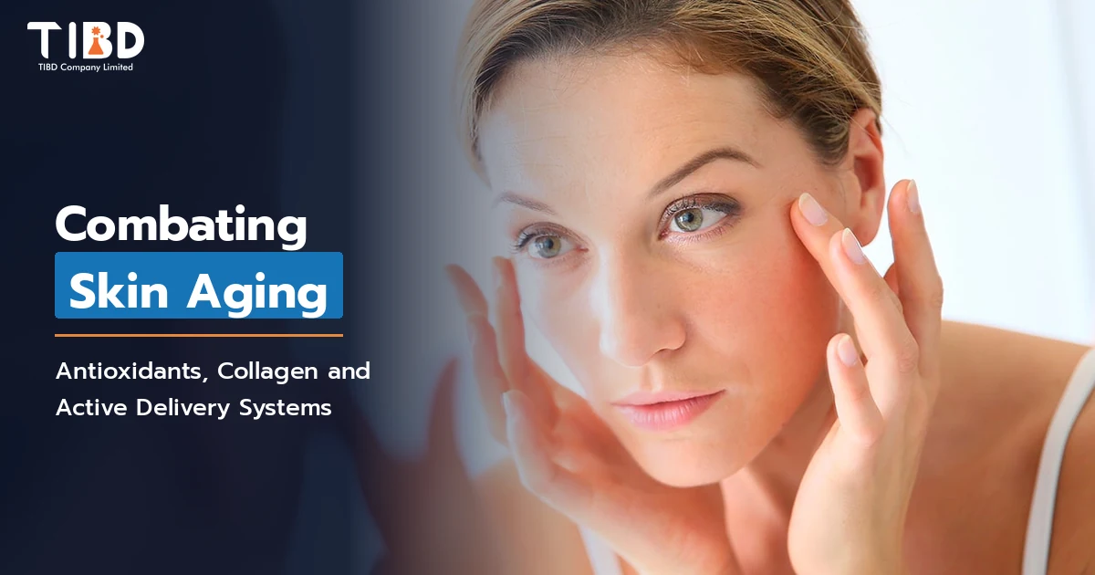 Woman checking the skin around her eyes in a mirror, with the headline Combating Skin Aging: antioxidants, collagen and active delivery systems