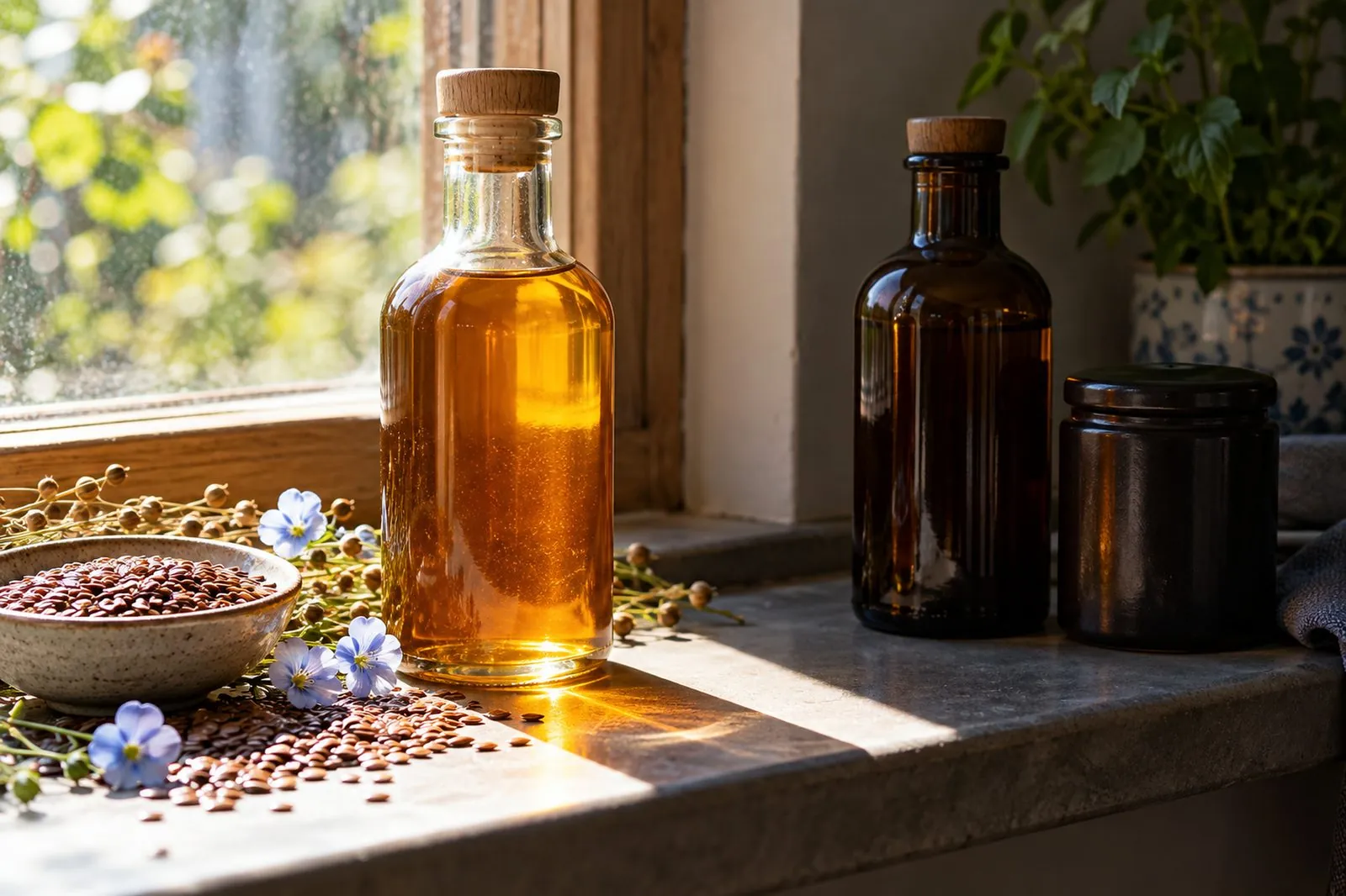 tibd-flaxseed-oil-light-protection-th ขวดน้ำมันเมล็ดแฟลกซ์แบบใสโดนแดด เทียบกับขวดสีชาในที่ร่ม แสงและความร้อนเร่งการหืน
