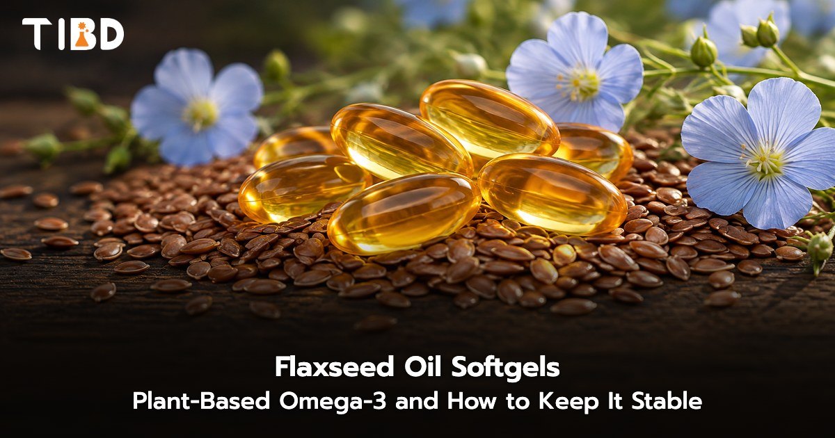 Flaxseed oil softgels on flax seeds with blue flax flowers