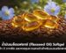 น้ำมันเมล็ดแฟลกซ์ (Flaxseed Oil) ซอฟต์เจล โอเมก้า-3 จากพืช วางบนเมล็ดแฟลกซ์และดอกแฟลกซ์สีฟ้า