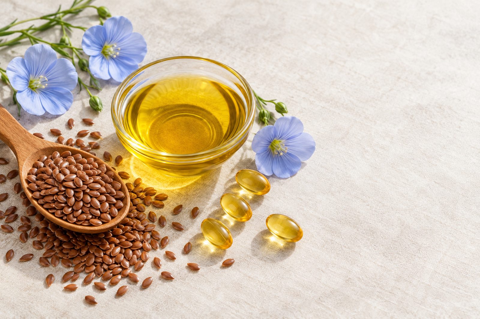 tibd-flaxseed-oil-softgel-ingredients-en Flaxseed oil, flax seeds and softgel capsules — raw materials for supplement brands
