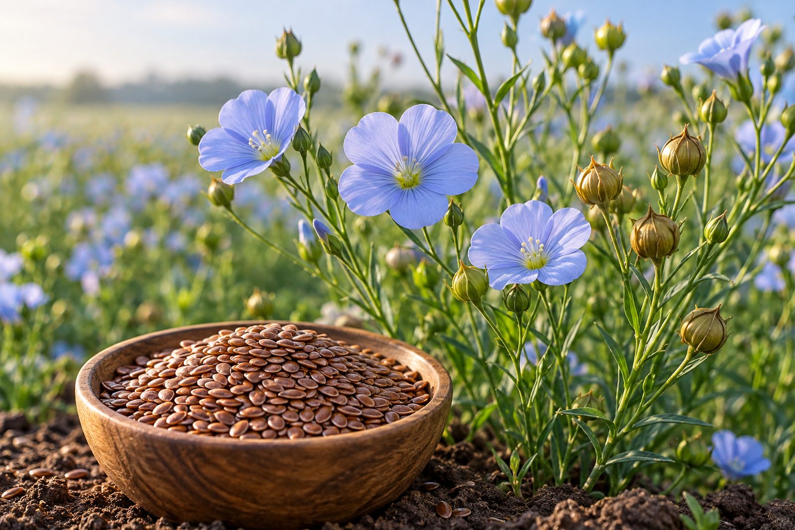 tibd-flaxseed-plant-and-seeds-en Flowering flax plants with blue flowers and a bowl of flax seeds