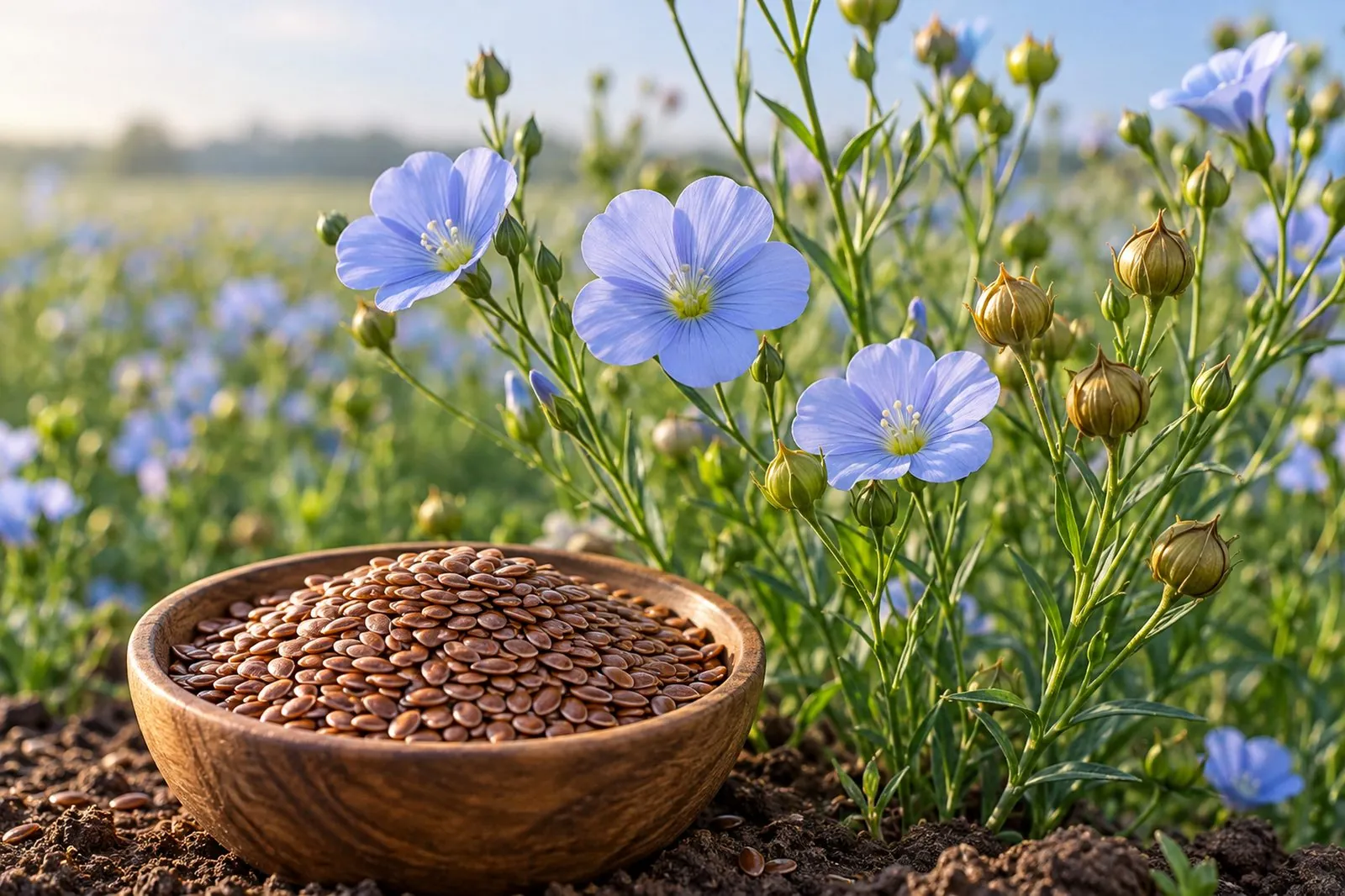 tibd-flaxseed-plant-and-seeds-th ต้นแฟลกซ์ออกดอกสีฟ้าในแปลง และถ้วยเมล็ดแฟลกซ์ แหล่งน้ำมันเมล็ดแฟลกซ์