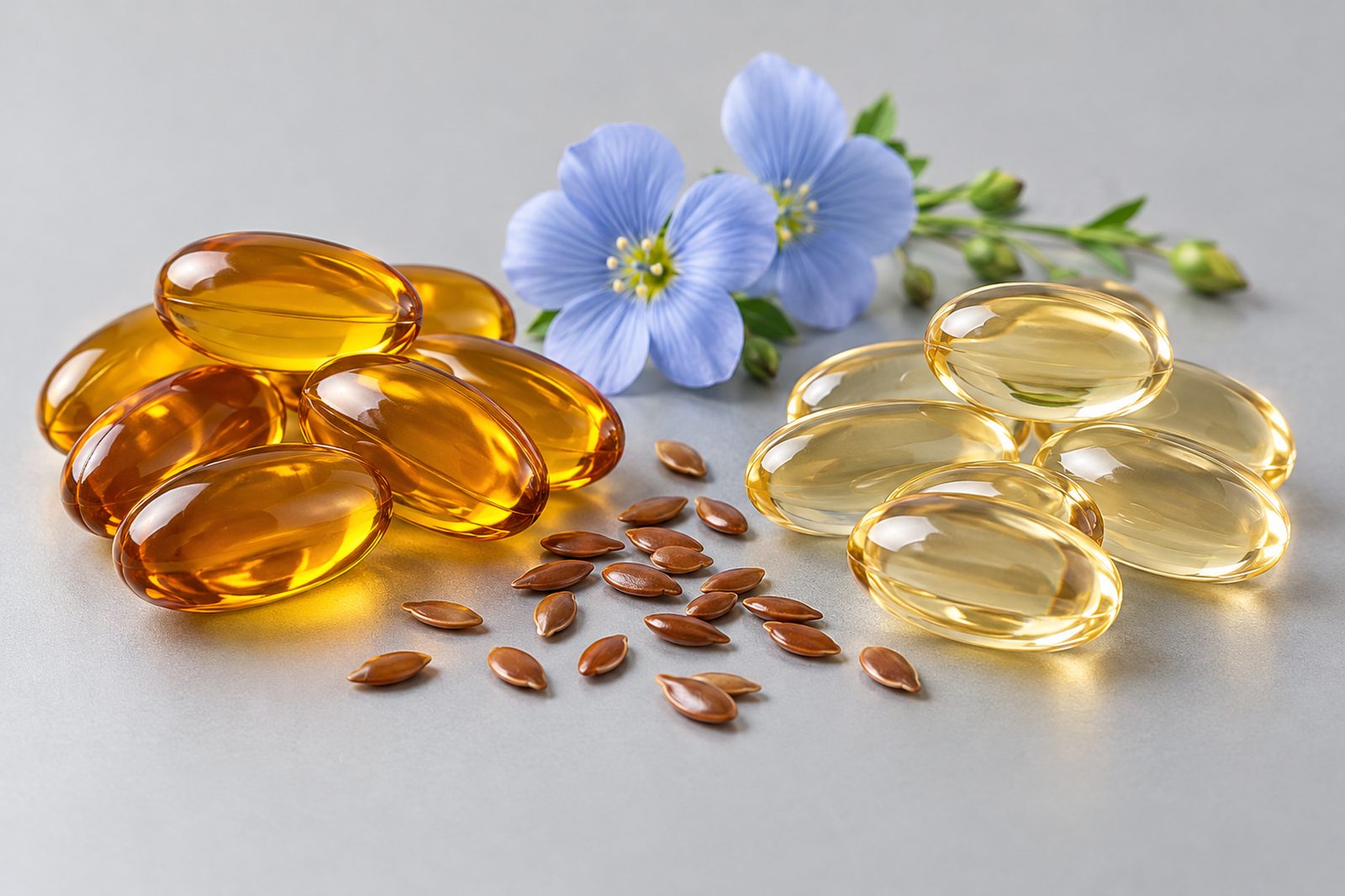 tibd-flaxseed-softgel-gelatin-vs-plant-en Golden gelatin flaxseed oil softgels next to clear plant-based vegan softgels