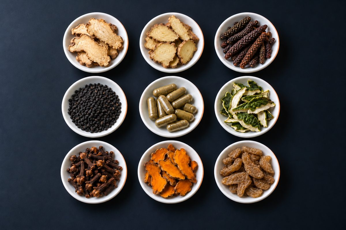 Dried Thai medicinal ingredients in white dishes arranged in a grid, such as dried ginger, plai, long pepper, black cumin, cloves and turmeric, with capsules of the blended formula in the centre
