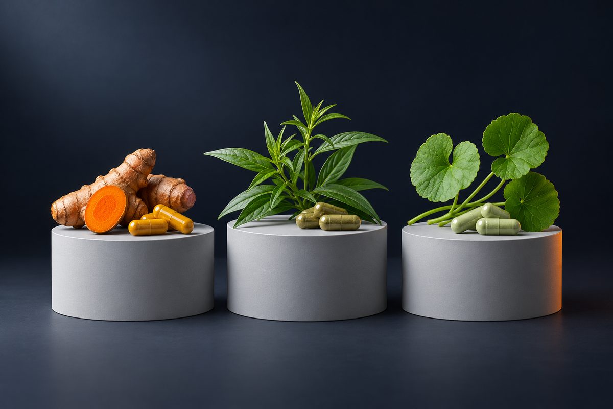Turmeric, andrographis and gotu kola on grey plinths, each with its own capsules