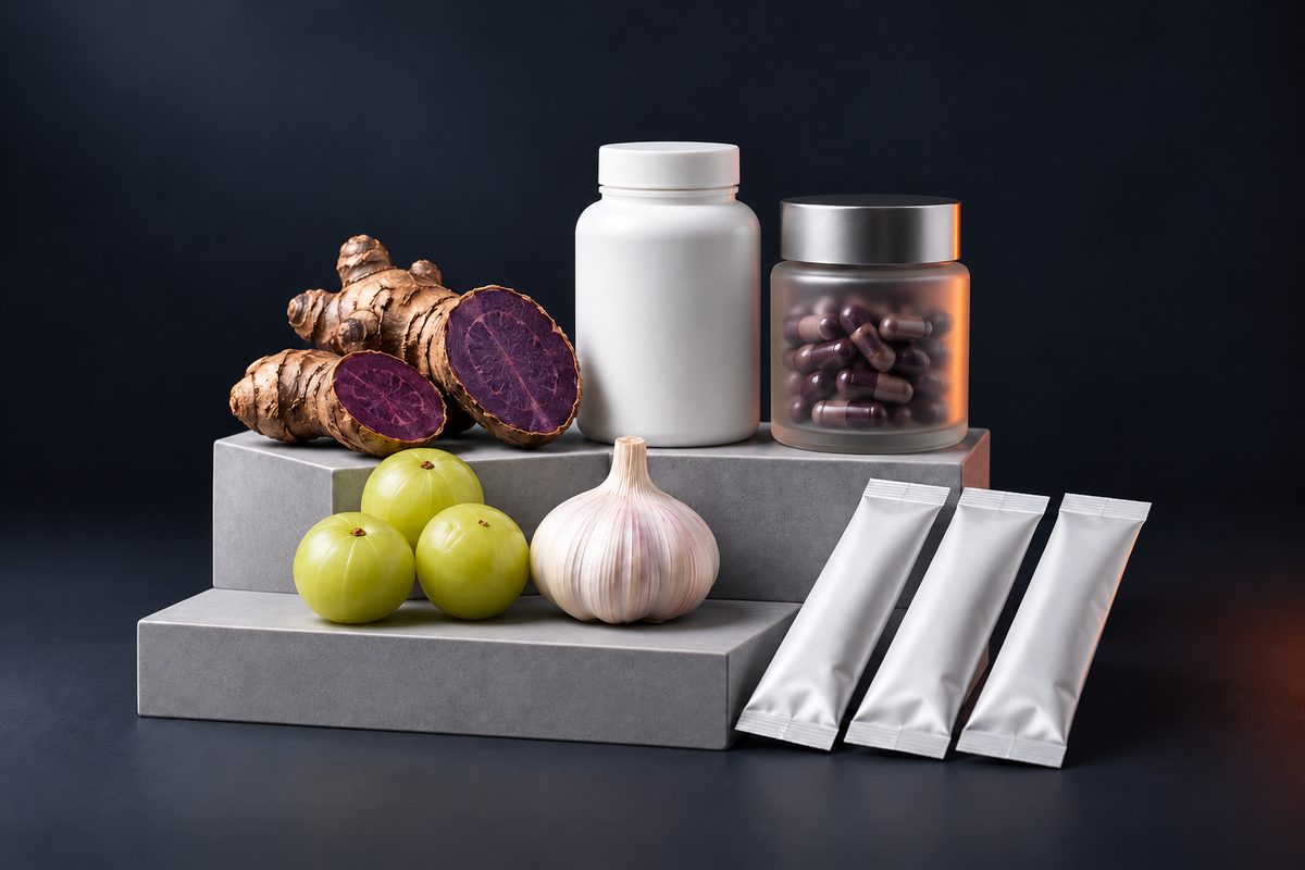 Halved black ginger, Indian gooseberry, garlic, capsule bottles and stick sachets