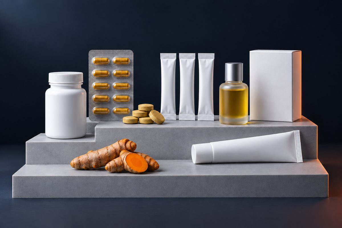 A range of product formats from turmeric: capsules, blister pack, tablets, stick sachets, oil, gel tube and carton