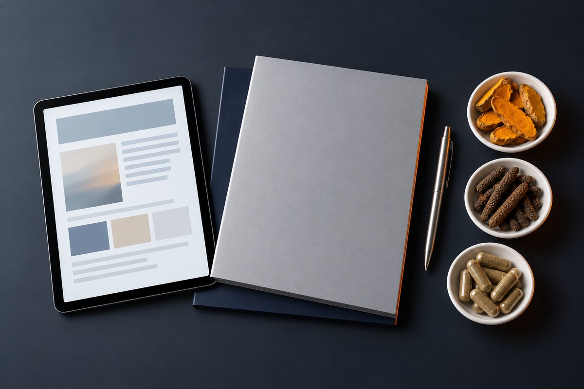A tablet, document folders, a pen and dishes of dried turmeric, long pepper and capsules
