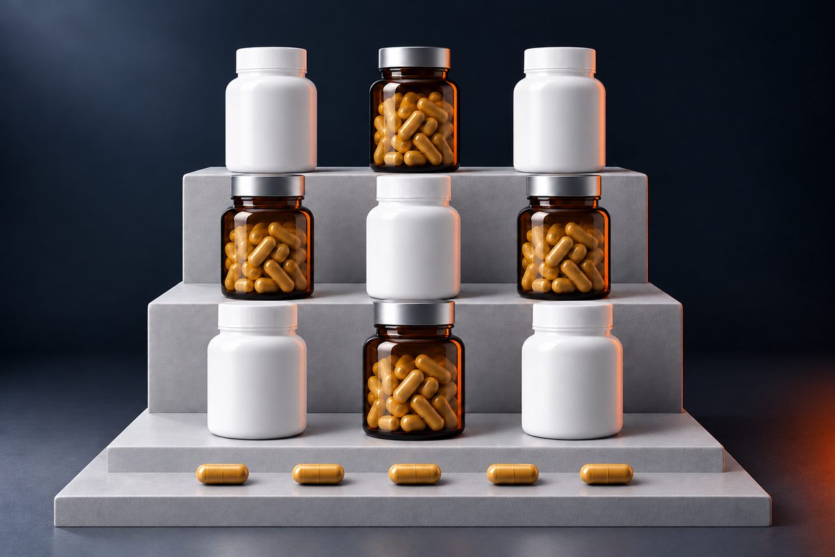 White and amber bottles of herbal capsules lined up on grey steps