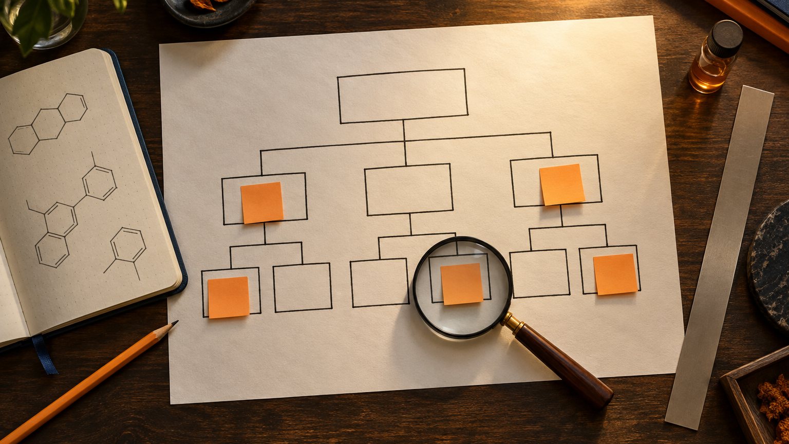 แผนผังโครงสร้างเว็บไซต์และโน้ตคำค้น วางแผนก่อนเขียนคอนเทนต์ SEO สำหรับงานวิทยาศาสตร์